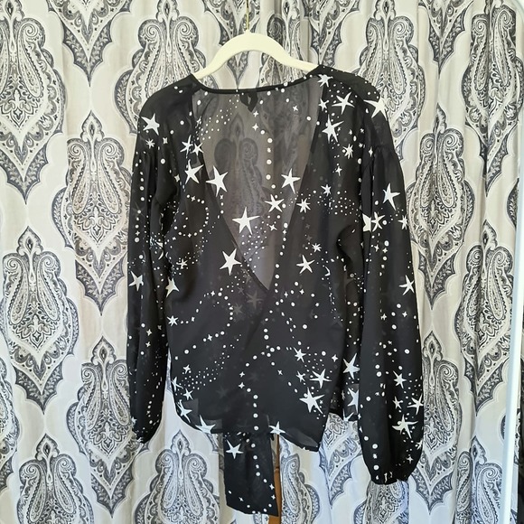 ASOS Sheer Wrap Long Sleeve Constellation Star Design Top Black & White Size 4 - Picture 5 of 5